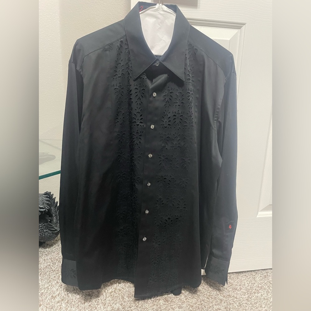 Robert Graham black long-sleeve button-up shirt floral cut-out design Medium